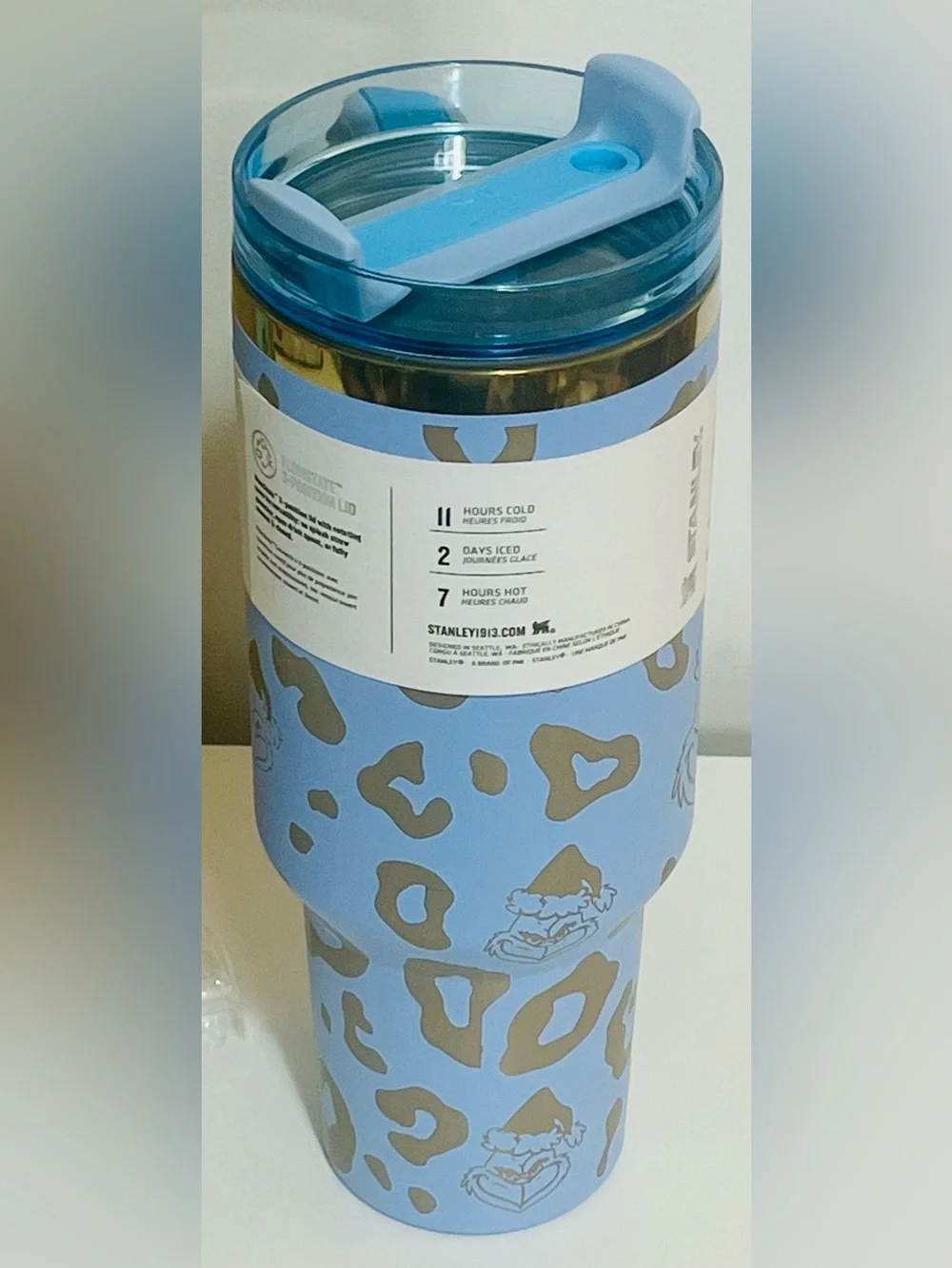 Stanley Quencher H2.0 40oz Tumbler - Baby Blue with Leopard & Grinch Print